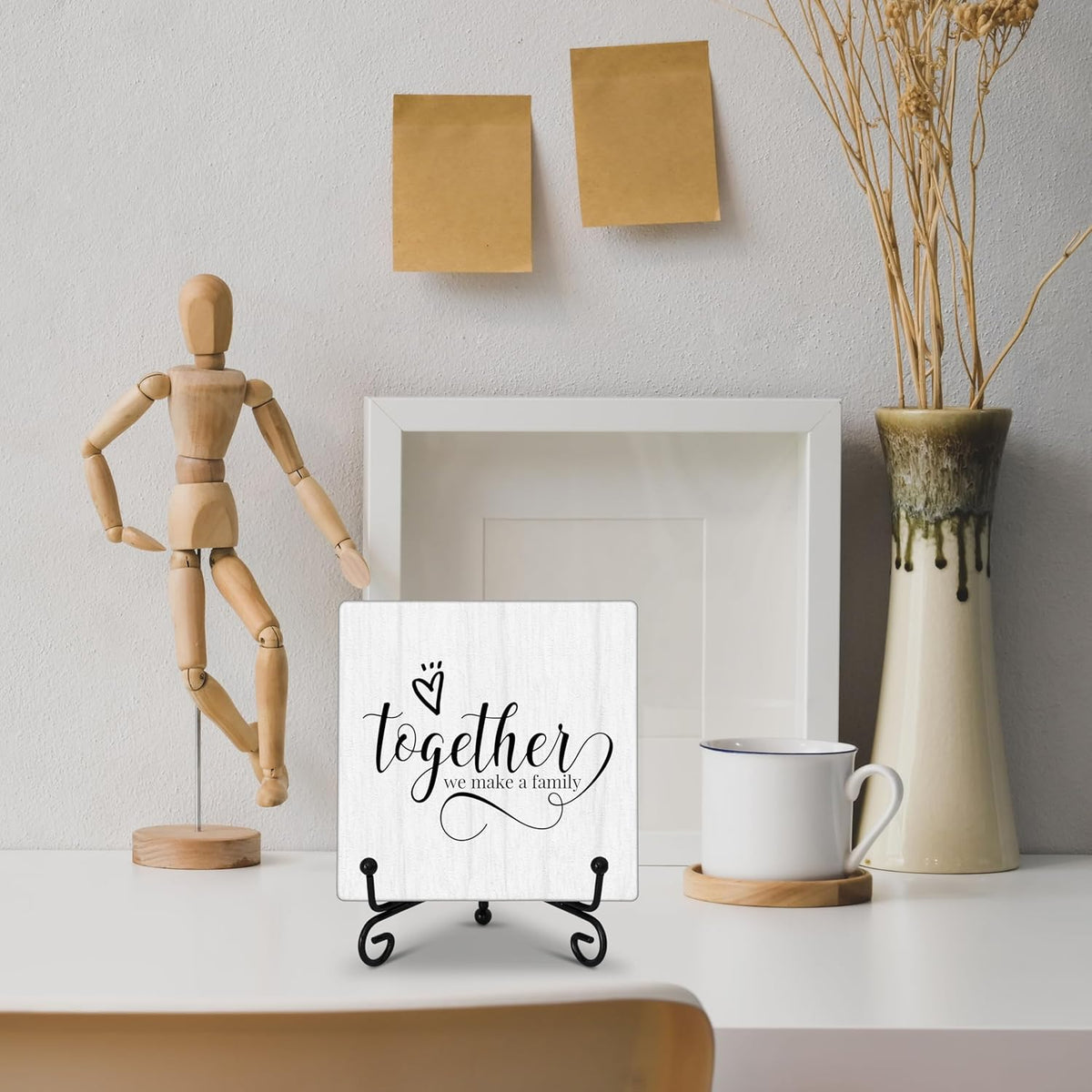 Eronm Desk Sign, Home Office Decor, Together We Make a Family, 5 inches Square Wood, Iron Sign, Perfect for Home, Office, Gifting