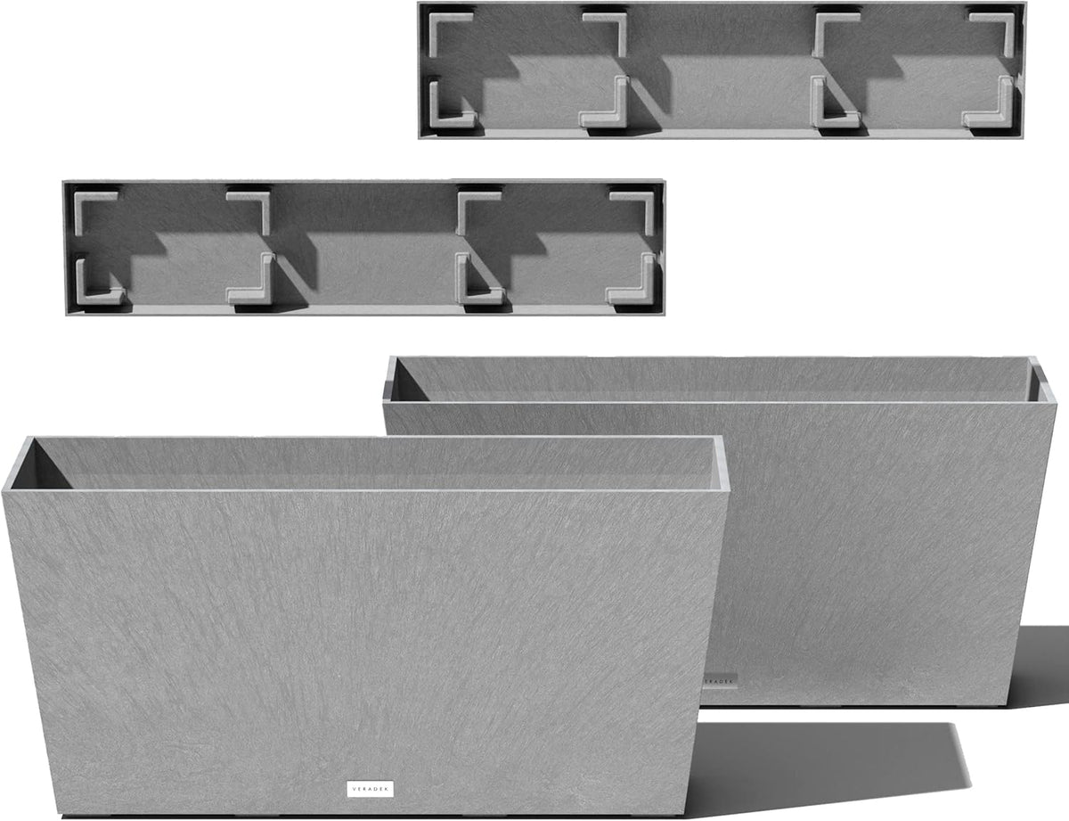Veradek Midori Long Trough Planter (Light Grey, 31 inch - 2 Pack with 2 Saucer Trays)