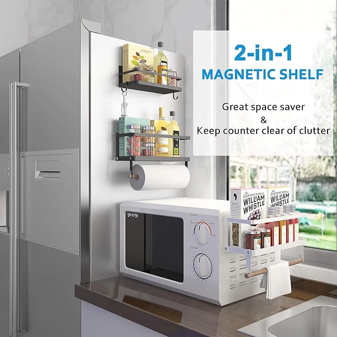 Thipoten Magnetic Spice Rack, 2-in-1 Foldable Strong Magnetic Shelf with Paper Towel Holder, Perfect Space Saver for Small Kitchen/Apartment, Easy to Install on the Side of Refrigerator(Black)