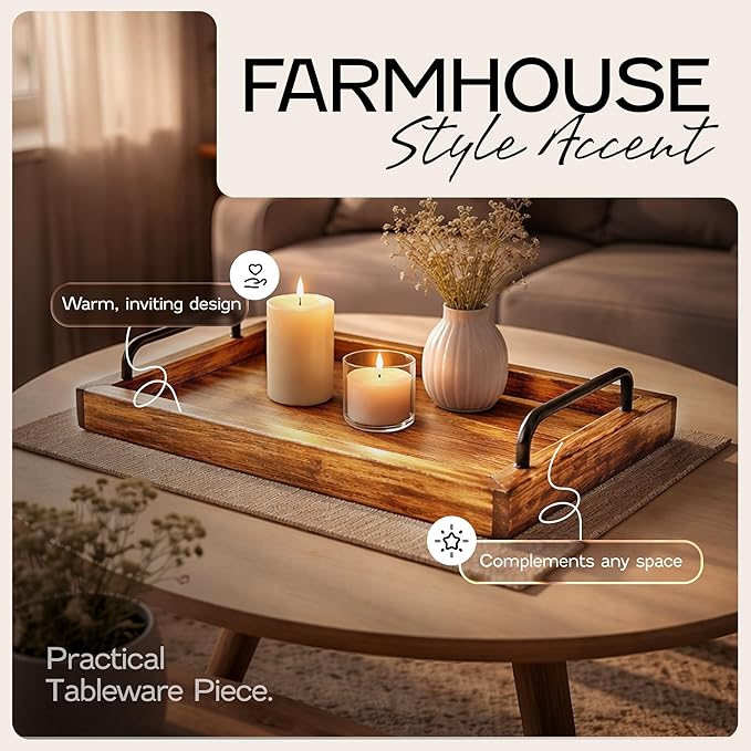 Besti Rustic Vintage Food Serving Trays (Set of 2) | Nesting Wooden Board with Metal Handles | Stylish Farmhouse Decor Serving Platters | Large: 15 x2 x11” - Small: 13 x2 x9” (Rustic Light Brown)