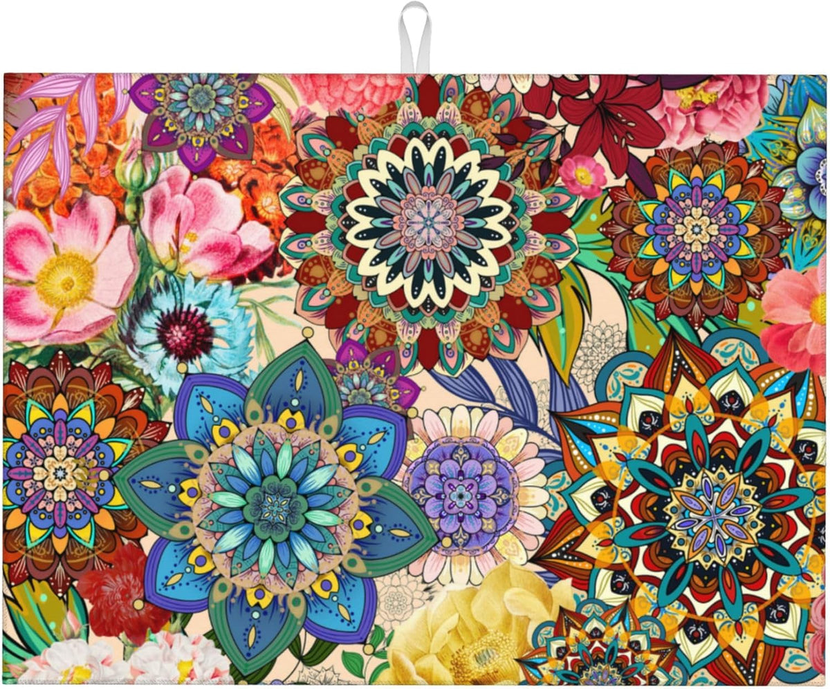 Colorful Flowers Dish Drying Mat for Kitchen Counter Absorbent Reversible Boho Floral Drying Pad Kitchen Decor Dish Drainer Rack Mats 18"x24"