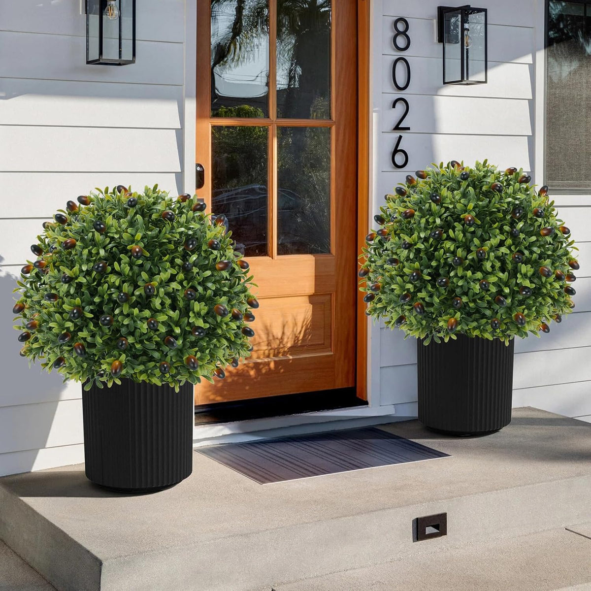 Artificial olive Topiary Ball Tree 24" with Ground Spike, Set of 2 Artificial Boxwood Bushes for Faux Shrubs, Fake Evergreen Faux Plant for Indoor Outdoor Porch Garden -UV Resistant–Fade-Proof