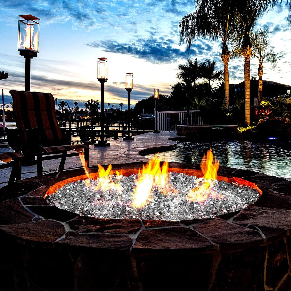Mr. Fireglass 10 Pounds Fire Glass - 1/2 Inch High Luster Reflective Tempered Glass Rocks for Fireplace Fire Pit Table and Landscaping, Platinum