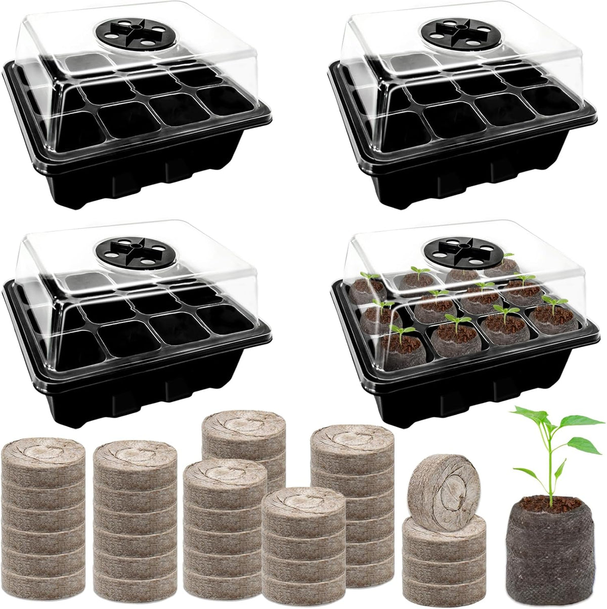Halatool 4 Pack Seed Starter Tray with 50 PCS Peat Pellets, 48 Cells Black Seeding Starter Trays for Organic Seed Starter Soil Pods for Planting Vegetables Plants Flowers - Starting Seeds Kit