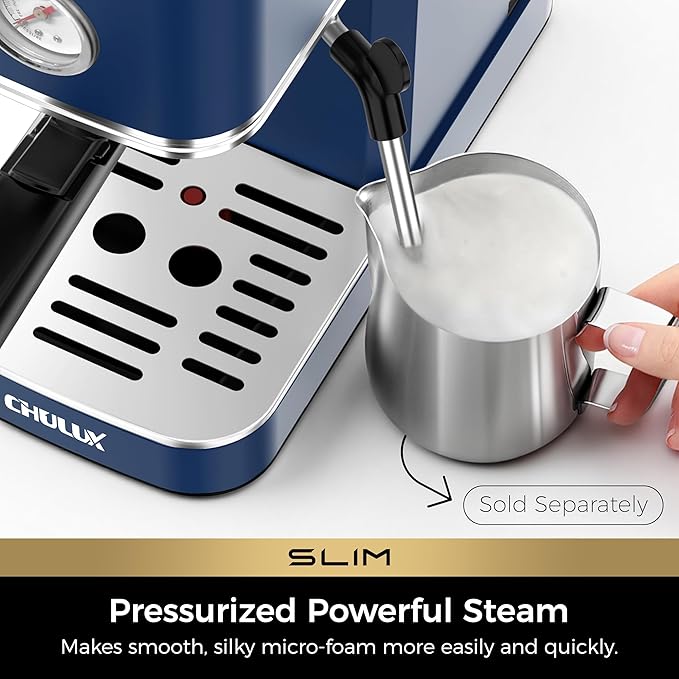 CHULUX Slim Espresso Machine with Milk Frother, 20 Bar Professional Italian Pump Espresso Coffee Machine for Home Cappuccino & Latte Maker, Stainless Steel, Navy
