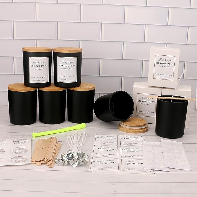 MILIVIXAY 12 Pack 7 OZ Black Matte Glass Candle Jars with Lids and Candle Making Kits - Bulk Empty Candle Jars for Making Candles - Spice, Powder Containers.