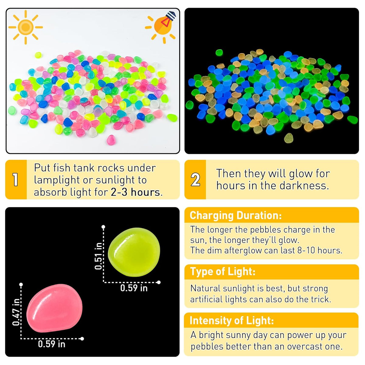 Glow in The Dark Rocks Outdoor Garden Pebbles Stones, 2.2Lbs Fish Tank Glow Rocks Resin Glowing Pebbles for Garden/Aquarium/Planter/Walkway/Driveway,Multi