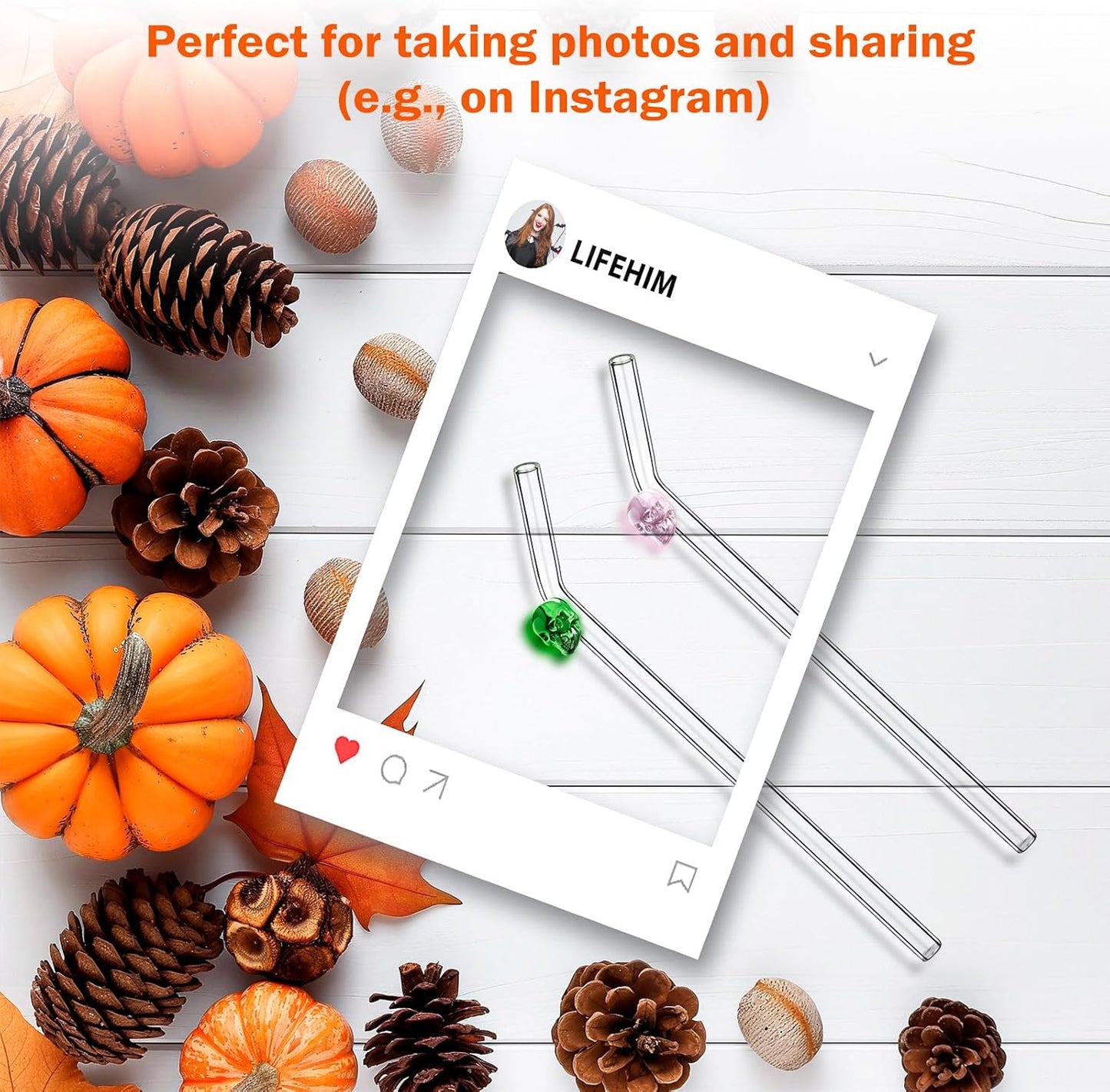 Reusable Halloween Straws with Charms - Skull Design, 9 Inch 8mm Skinny Bent Glass Straws for 16 oz Glass Cups - Cute Clear Drinking Straws for Iced Coffee, Cocktail & Milk Drinks