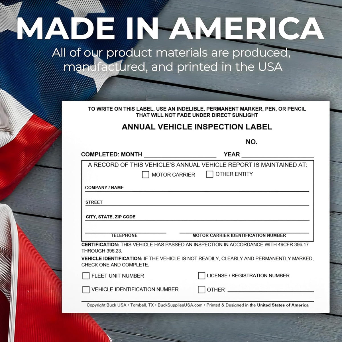 10 Pack Buck Annual Vehicle Inspection Label, 2-Ply Adhesive Vinyl with Mylar Laminate, FMCSA & DOT Compliant, Weatherproof, Tear Resistant, Easy to Write On, 5" x 4" - Made in USA