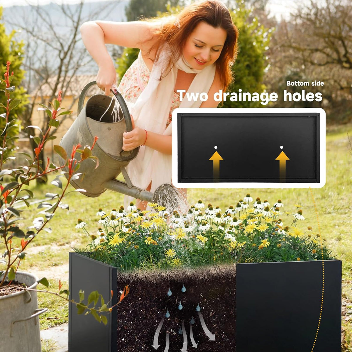 Galvanized Steel Planter Black Metal Outdoor Planter Powder Coated 32" x 12" x 16" Pot Metallic Heavy Pot Indoor & Outdoor, Commercial & Residential (L32 x W12 x D16, Black)