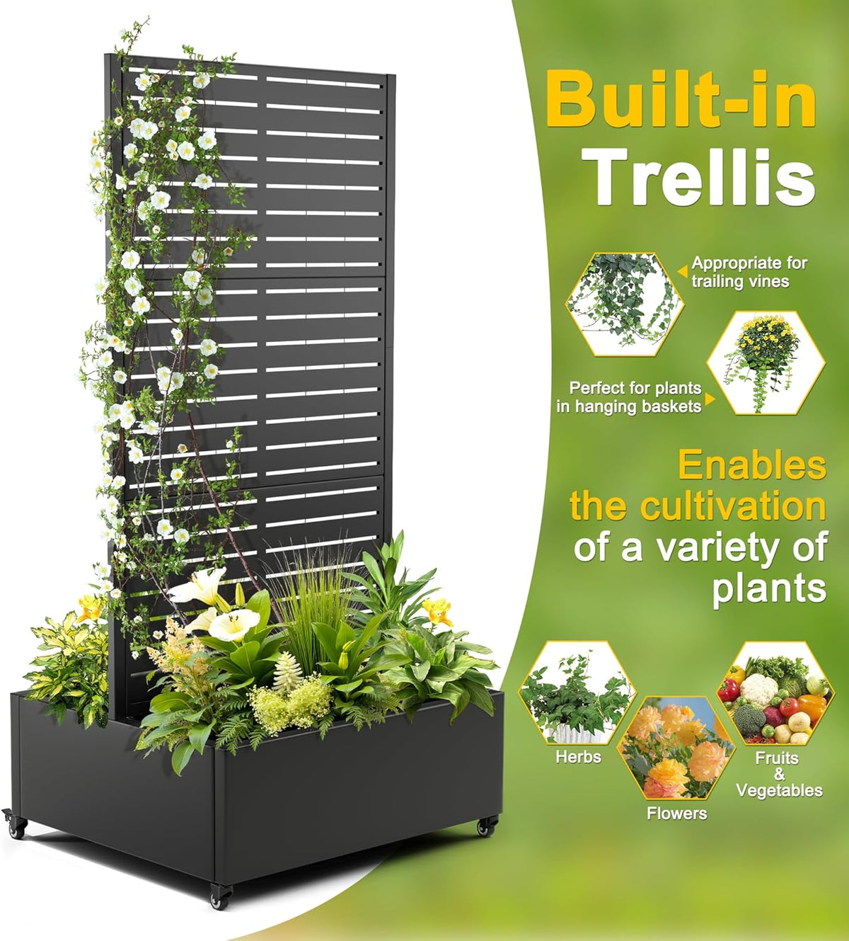 FENCY Dual Planter Boxes Metal Raised Garden Bed with Wheels and Trellis, 73"x35"x24" Privacy Screen for Vegetables, Vines & Flowers, Includes Drainage Holes
