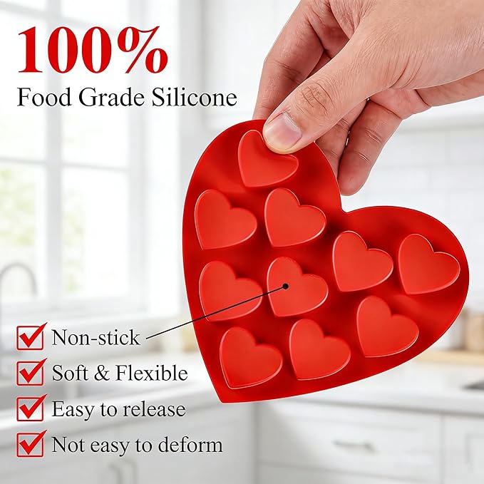 4 Pack 10-Cavity Heart Silicone Molds Non-Stick Food Grade Reusable Baking Molds for Chocolate Candy Gummy Jello Ice Cube Soap DIY Valentine's Day Craft Making