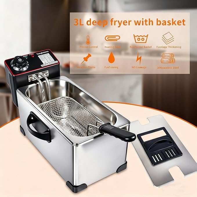 3L Deep Fryer with Basket, 1300W Small Deep Fryers for Home Use, Fryer Pot with Temperature Control, View Window Lid,Stainless Steel Body Electric Deep Fryer Pot for Restaurant