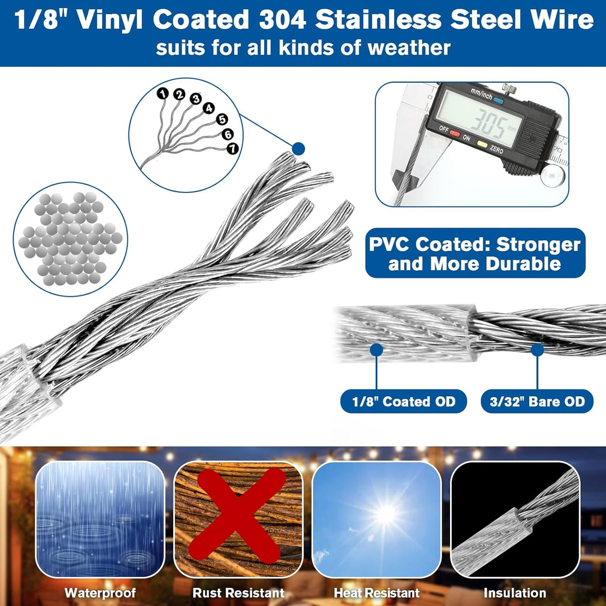 220FT 1/8" Wire Rope Kit - 304 Stainless Steel Cable with Turnbuckles for Cables Wire, Vinyl Coated Hanging Wire for Outdoor String Lights, Camping, Garden Trellis, Hanging Clothes, Pictures, Curtain