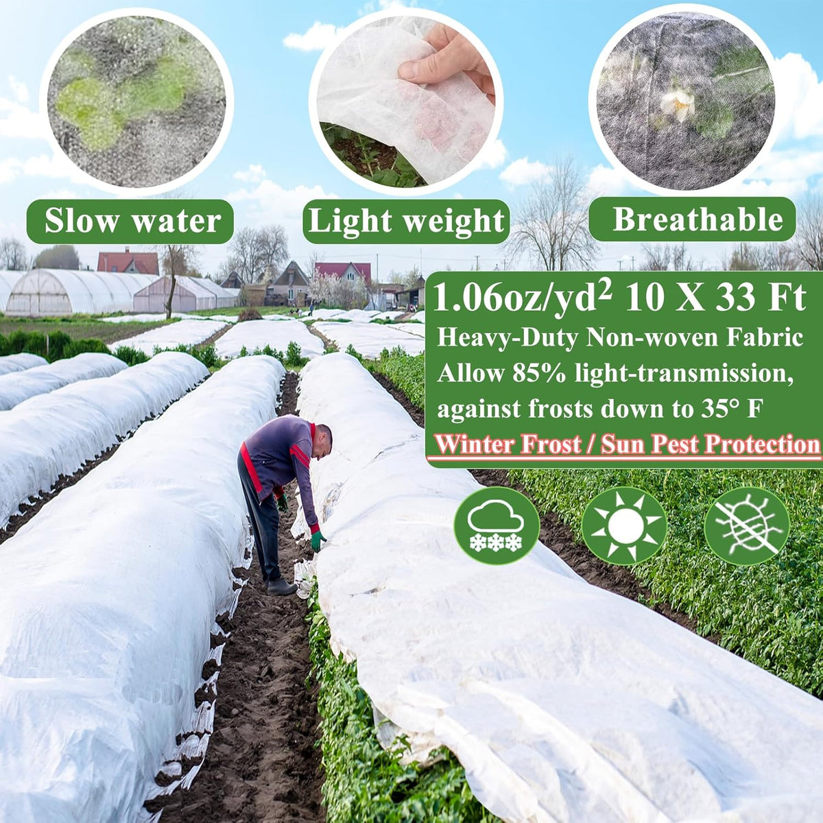 Plant Covers Freeze Protection 10 x 33Ft with 20 Stainless Steel Clips- Frost Cloths Plant Blankets Floating Row Cover for Outdoor Plants Winter Raised Bed Greenhouse Frost Sun Protection