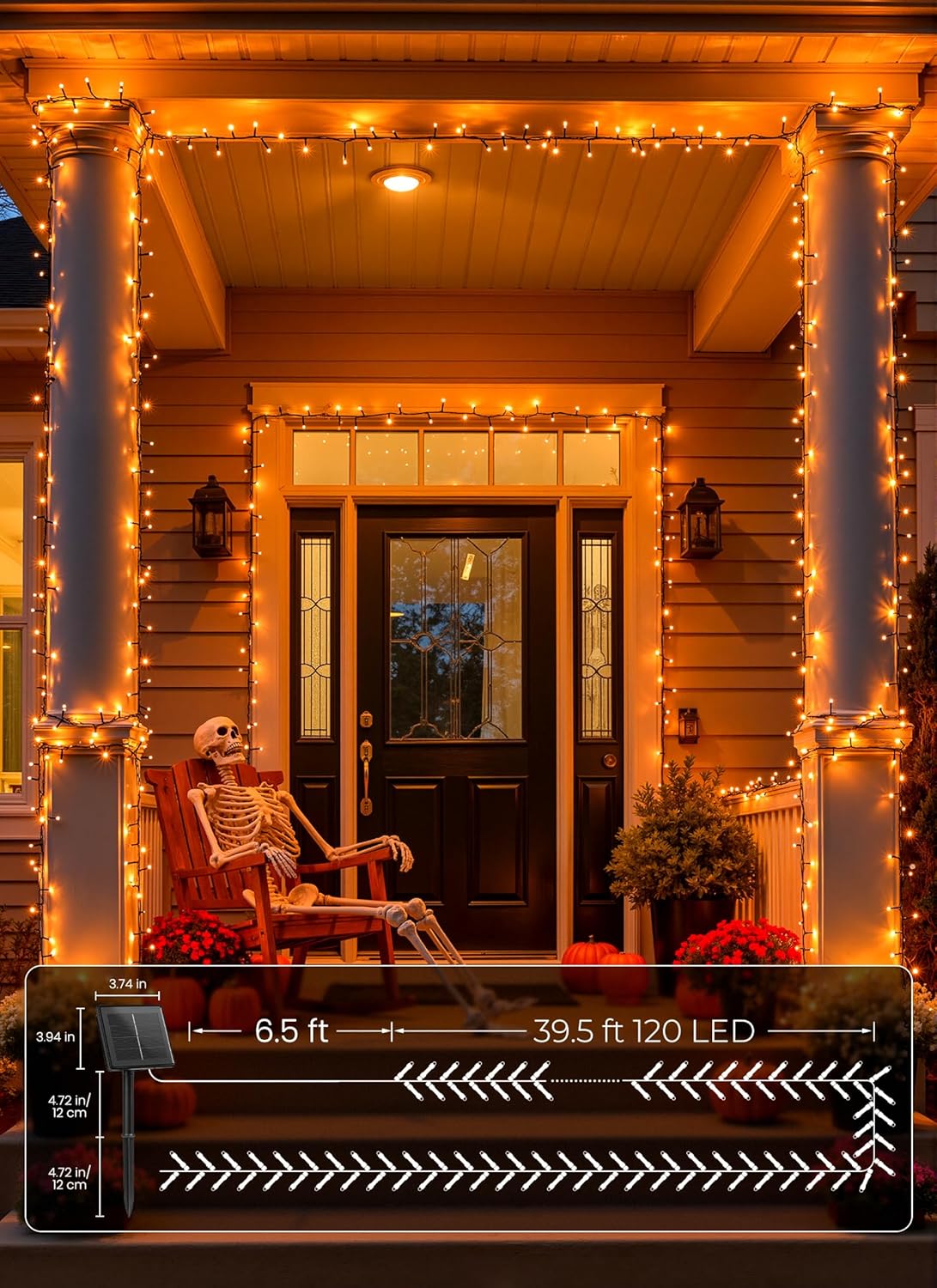 Brightown 4 Pack Solar Halloween Lights, Total 184FT 480 LED Solar String Lights Outdoor Waterproof Black Wire with 8 Modes, Solar Fairy Light for Garden Yard Patio Party Decors, Orange