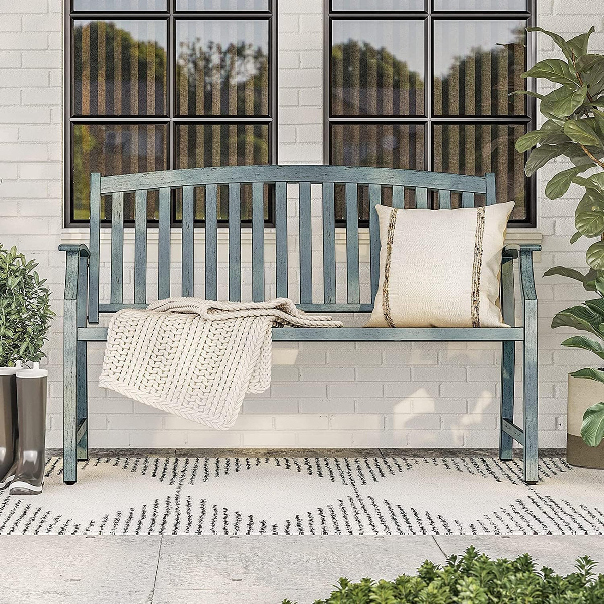 Grand patio 52" Farmhouse Outdoor Bench, Garden Benches with Anti-Rust Aluminum Metal Frame, Faux Wood Grain Finish Frame Patio Bench for Front Porch, Weathered Blue