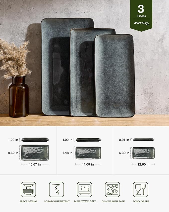 Famiware Serving Platter, Rectangular 15.67/14.1/12.6inch Serving Dishes for Entertaining, Dishwasher Safe, Stoneware Serving Trays for Party, Food, Turkey, Snack, Cheese, Reactive Glaze, Deep Forest