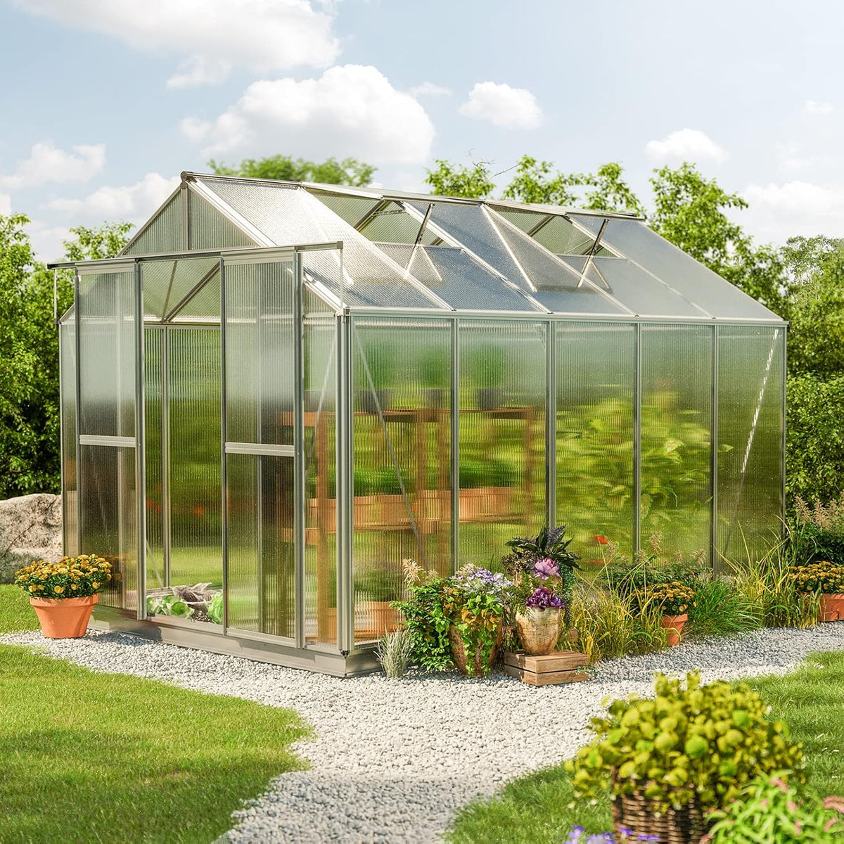 Greenhouse Saphir 5 Aluminum Frame 8.5 x 10.6 ft Approx. 6 mm Polycarbonate Panels - with Bonus Base Frame and Automatic Vent Opener