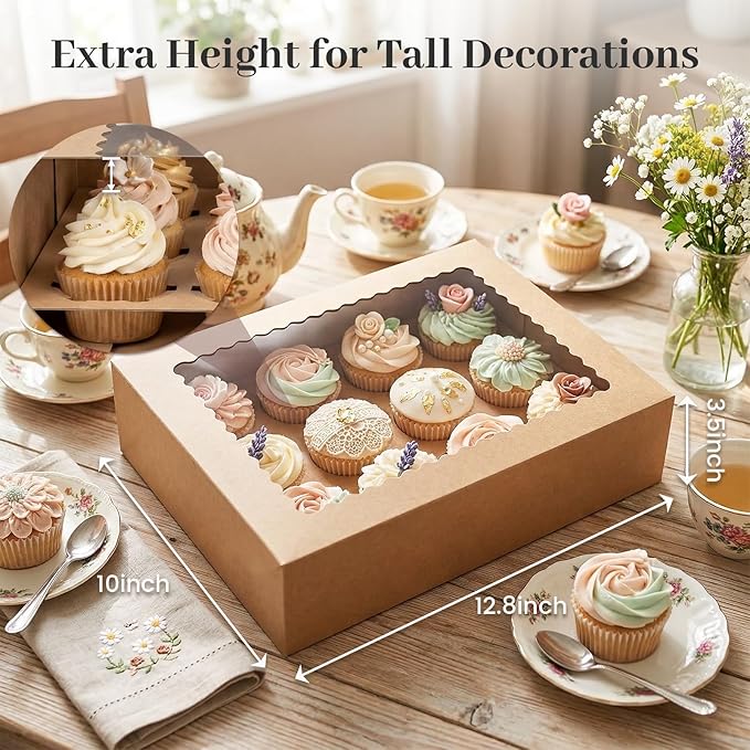 VGOODALL 6PCS Kraft Cupcake Containers, 12 Count with Window Boxes Holding 72 Pastry Box for Birthday Holiday Party Bakery Supplies