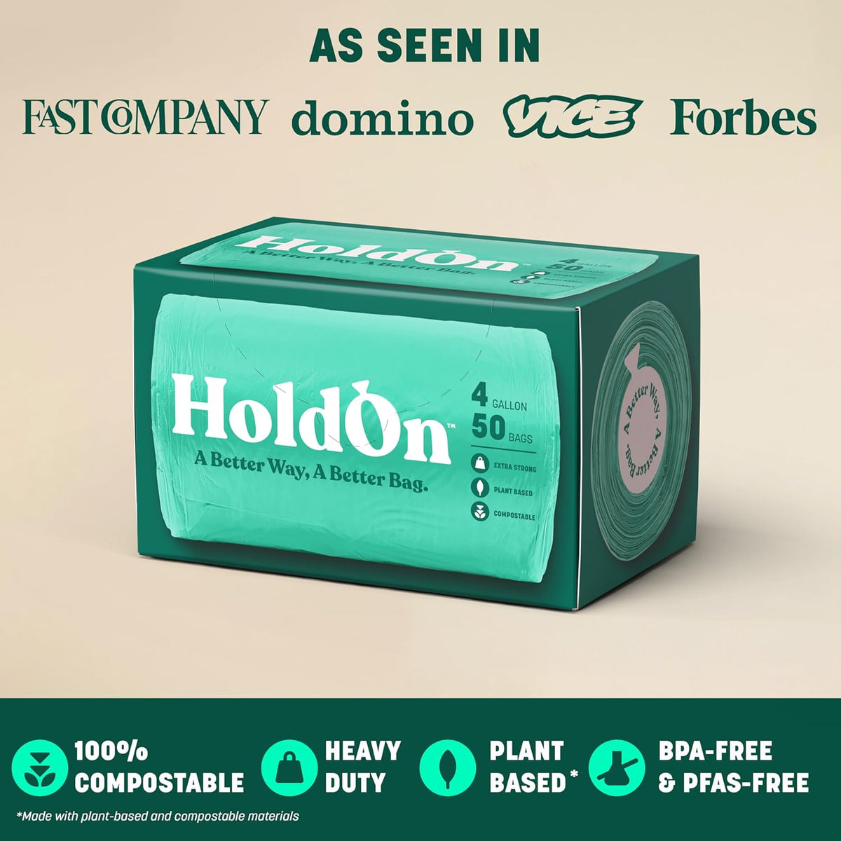 HoldOn 4-Gallon Trash Bags – Heavy-Duty and Compostable, Small Kitchen Bags for Kitchen Bin (50 bags)