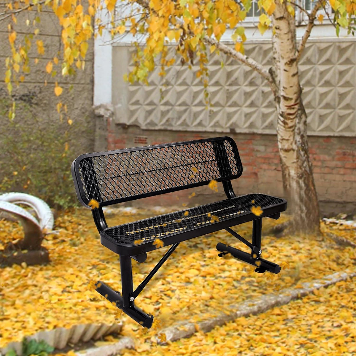 Outdoor Garden Bench, Cast Iron Metal Frame Patio Park Bench with Backrest, Portable Expanded Metal Black Bench, Commercial-Grade Outdoor Seating for Lawn, Patio, Park, Yard, Garden (Black, 4FT/48'')