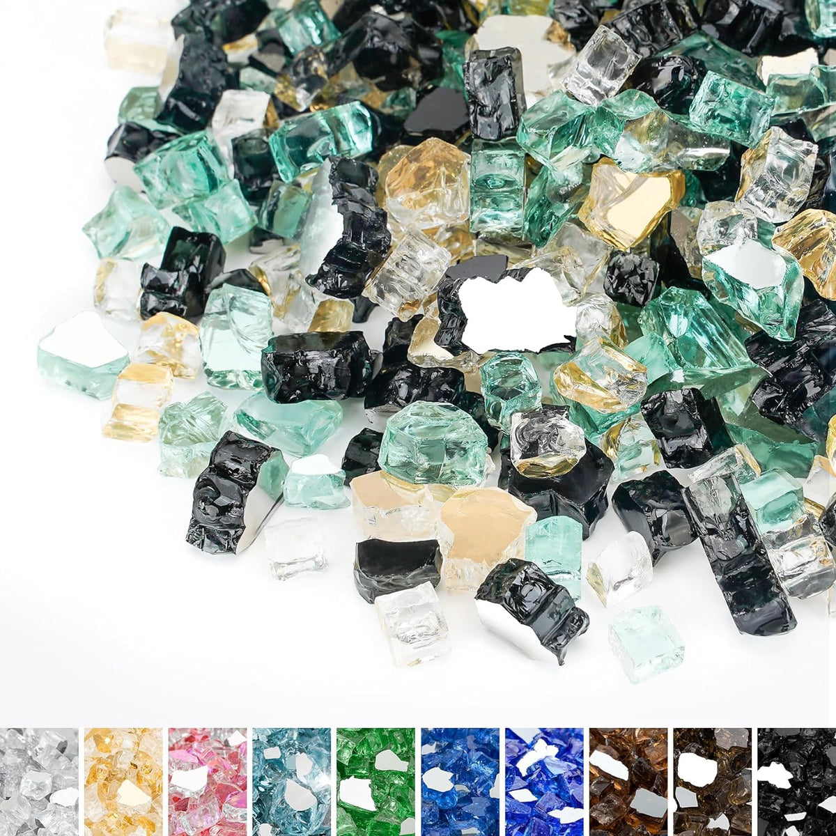 Mr. Fireglass 10 Pounds Blended Fire Glass - 1/2 Inch Mixed Colored High Luster Reflective Tempered Fireglass Rocks for Fireplace Fire Pit Table and Landscaping, Light Green+Onyx Black+Platinum