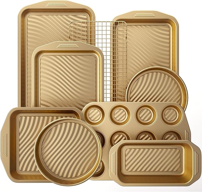 HONGBAKE 9-Piece Non Stick Baking Pans Set with Wave Texture for Reduced Oil, 0.8mm Thick Non Toxic Bakeware Sets, Includes Stackable Cookie Sheets for Oven Cooking, Cake Pan, Muffin Pan, Gold