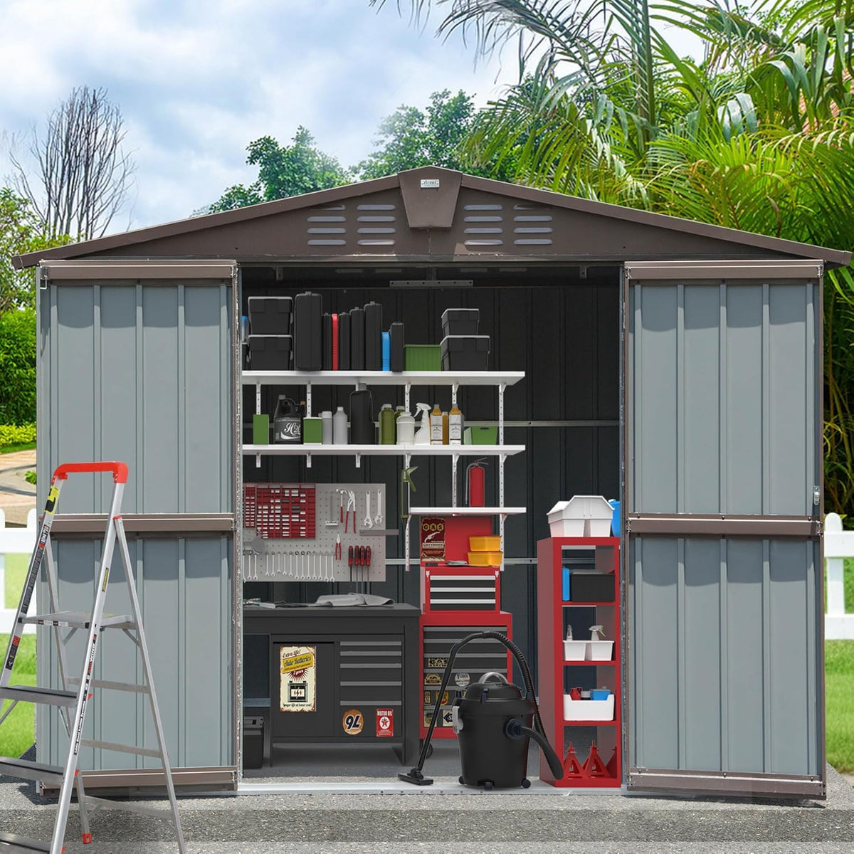 Domi Backyard Storage Shed 8.2’ x 6.2’ with Galvanized Steel Frame,Outdoor Garden Shed Metal Utility Tool Storage Room with Latches and Lockable Door for Balcony Lawn Poolside (Dark Brown)
