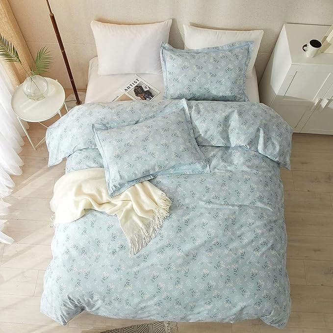 Garden Style Boho Floral Comforter Set Queen Size Fluffy Soft Botanical Blue Flowers Leaves Floral Bedding Comforter Set for Girls Women Vintage Flowers Comforter with 2 Pillowcases All Seasons