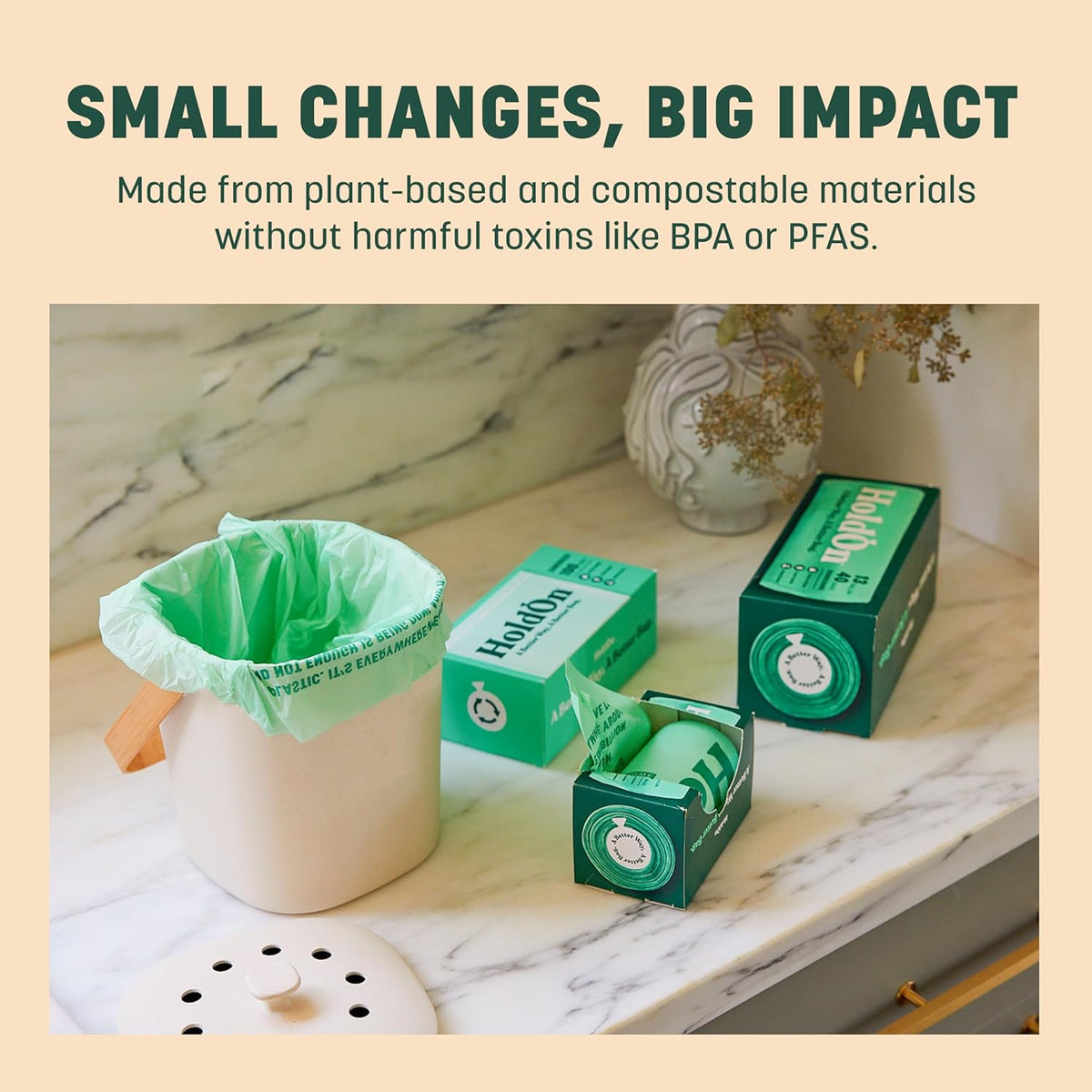 HoldOn 4-Gallon Trash Bags – Heavy-Duty and Compostable, Small Kitchen Bags for Kitchen Bin (50 bags)