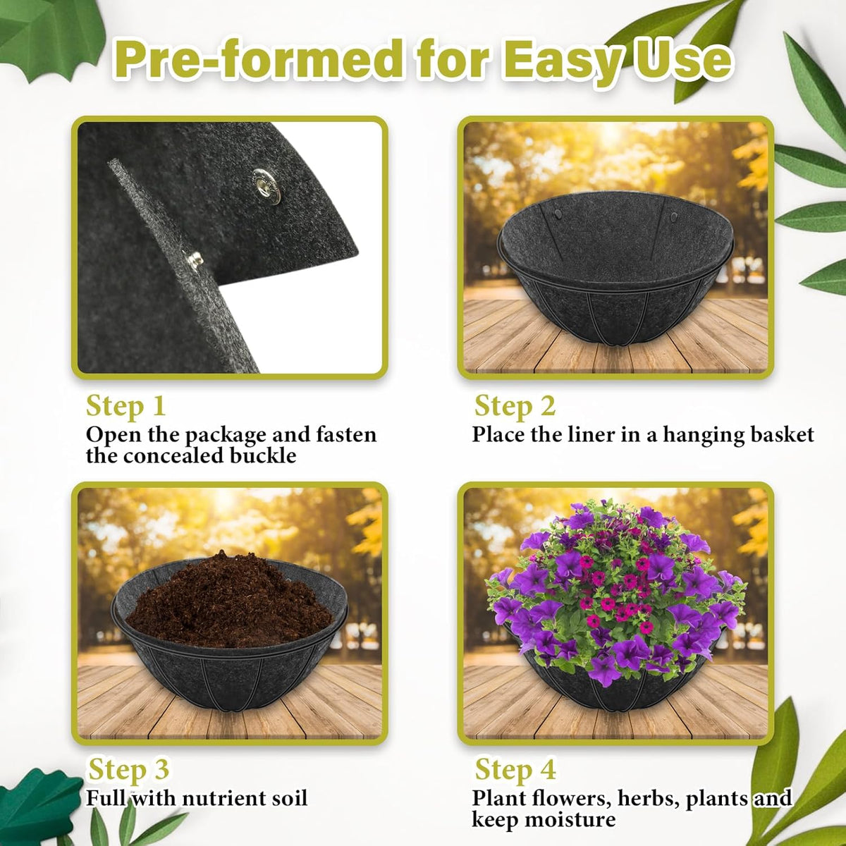 Riare 8 Pack 14 Inch Round Fabric Planter Basket Liner- Hanging Basket Liners Replacement Coco Fiber Liner Alternative for Hanging Basket Flowers (Prevent Birds from Nesting)