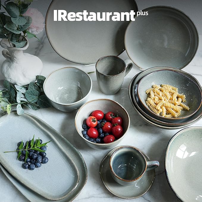 Organic Shape Restaurant 8oz Coffee Cup and Saucer, Commerical Grade Catering Stoneware Cups and Saucers in Ir-regular Organic Shape, Chip & Scratch Resistant, Glossy Reactive Glaze Grey, Case of 24