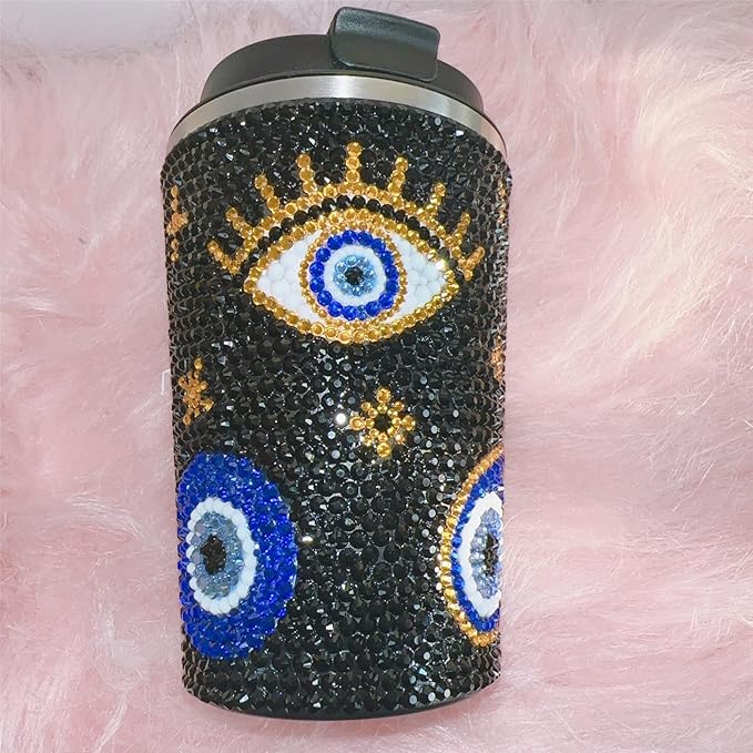 380ML Sparkle Black Crystal Evil Eyes Decorate Water Cup,Glitter Rhinestone Stainless Steel Keep Cold/Hot Coffee Mug