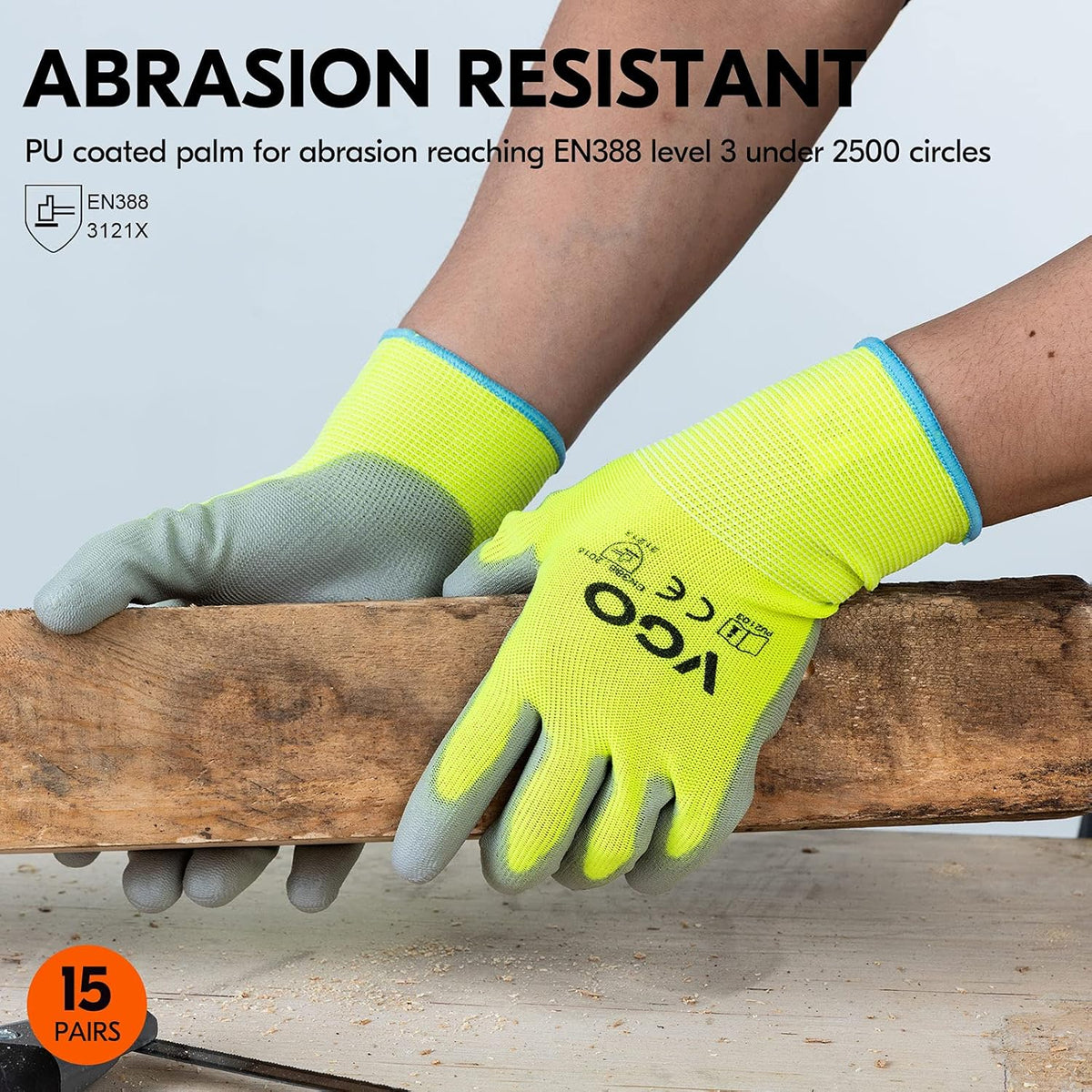 Vgo... 15-Pairs Safety Work Gloves, Gardening Gloves, Polyurethane Coated, Dipping Gloves, Latex Free (Size XL, Yellow, PU2103)