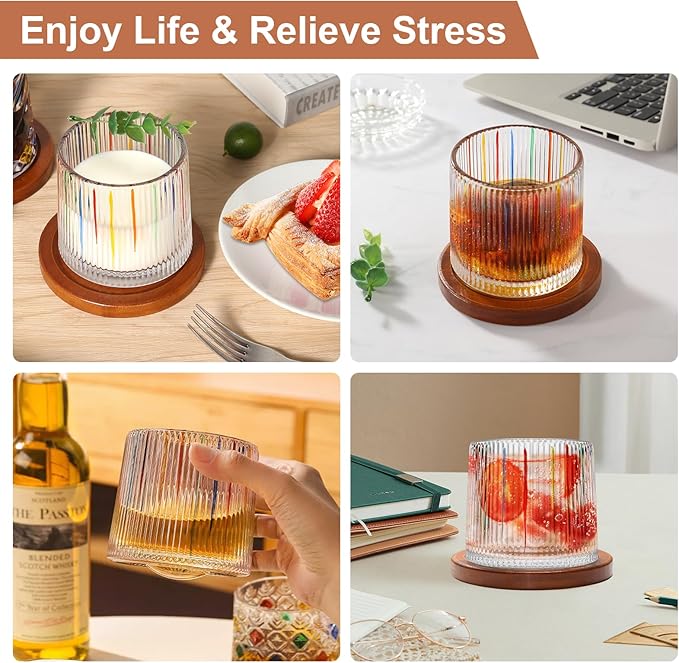 Rotatable Old Fashioned Glass, 275ml/10oz Crystal Whiskey Glass Set of 4, Wood Coaster, Thickening, Used as Rum Glass, Cocktail Cup, Coffee Cup, Milk Cup to Relax and Reduce Stress, Christmas gifts