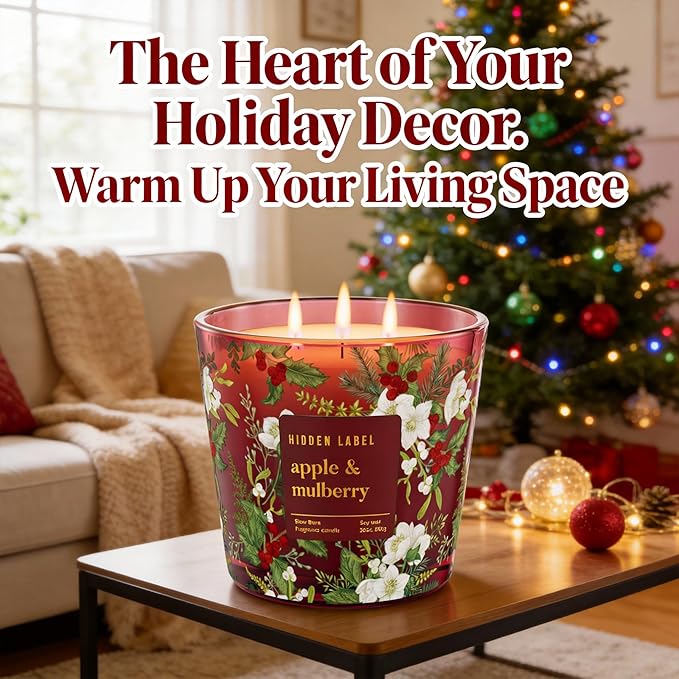 Apple Mulberry Scented Candle, 30oz 3 Wick Large Candle, 100H Long Burn Natural Soy Wax, Sweet Autumn & Winter Holiday Fragrance, Festive Gift for Women & Home Decor | Hidden Label