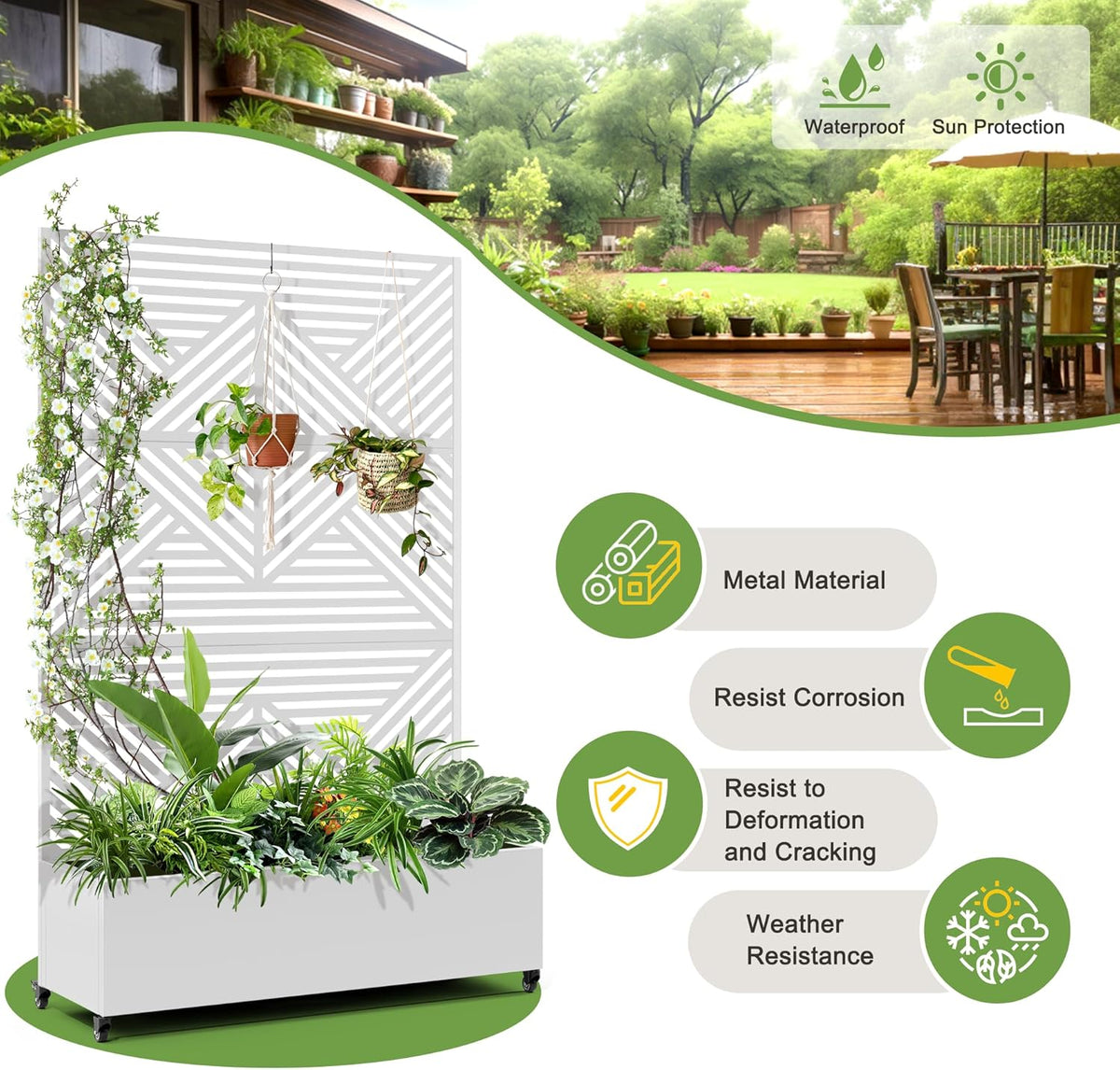 FENCY Metal Raised Garden Bed with Wheels and Trellis,73"x47"x16" Planter Box for Climbing Plants, Vegetables & Vines, Features Privacy Screen and Drainage Holes (White-Modern)