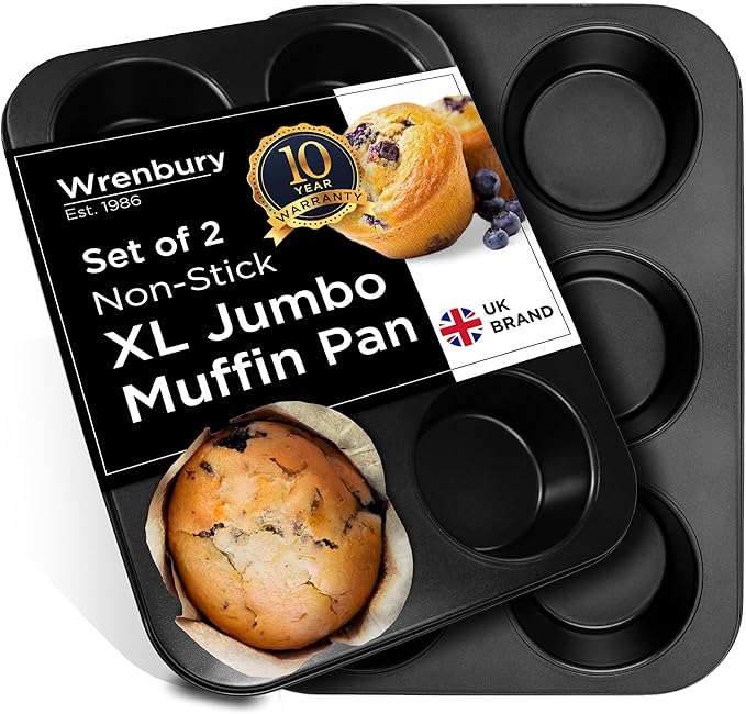 Wrenbury Jumbo Muffin Pan 6 Cup Set of 2 - Nonstick XL Deep Muffin Pan for Baking 3.75" Cup - Big Cup Tin - Oversized Extra Large Cupcake Mold - PTFE Free