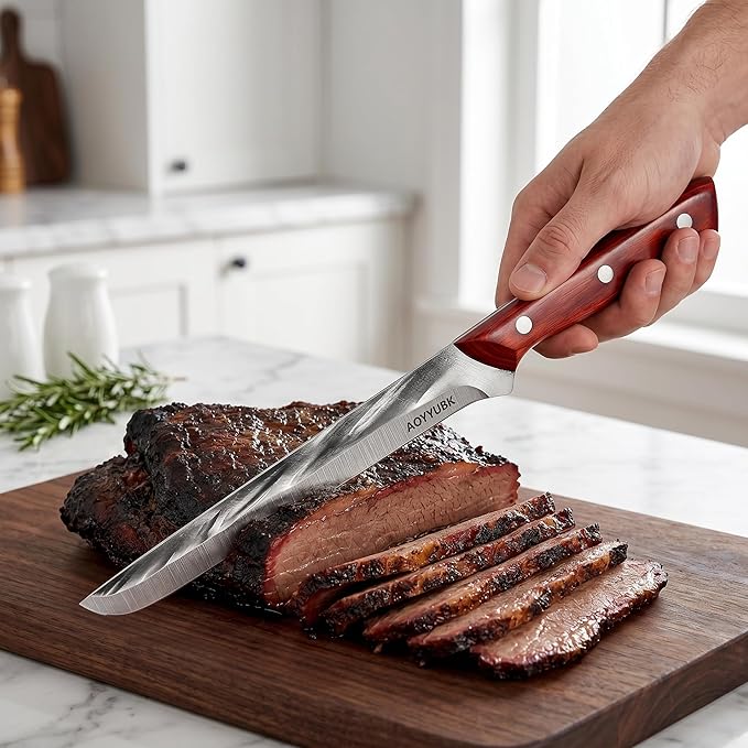 8" Carving Knife - Professional Brisket Slicing Knife for BBQ, Turkey, Ham | High Carbon Stainless Steel | Rosewood Handle | Gift Box Included