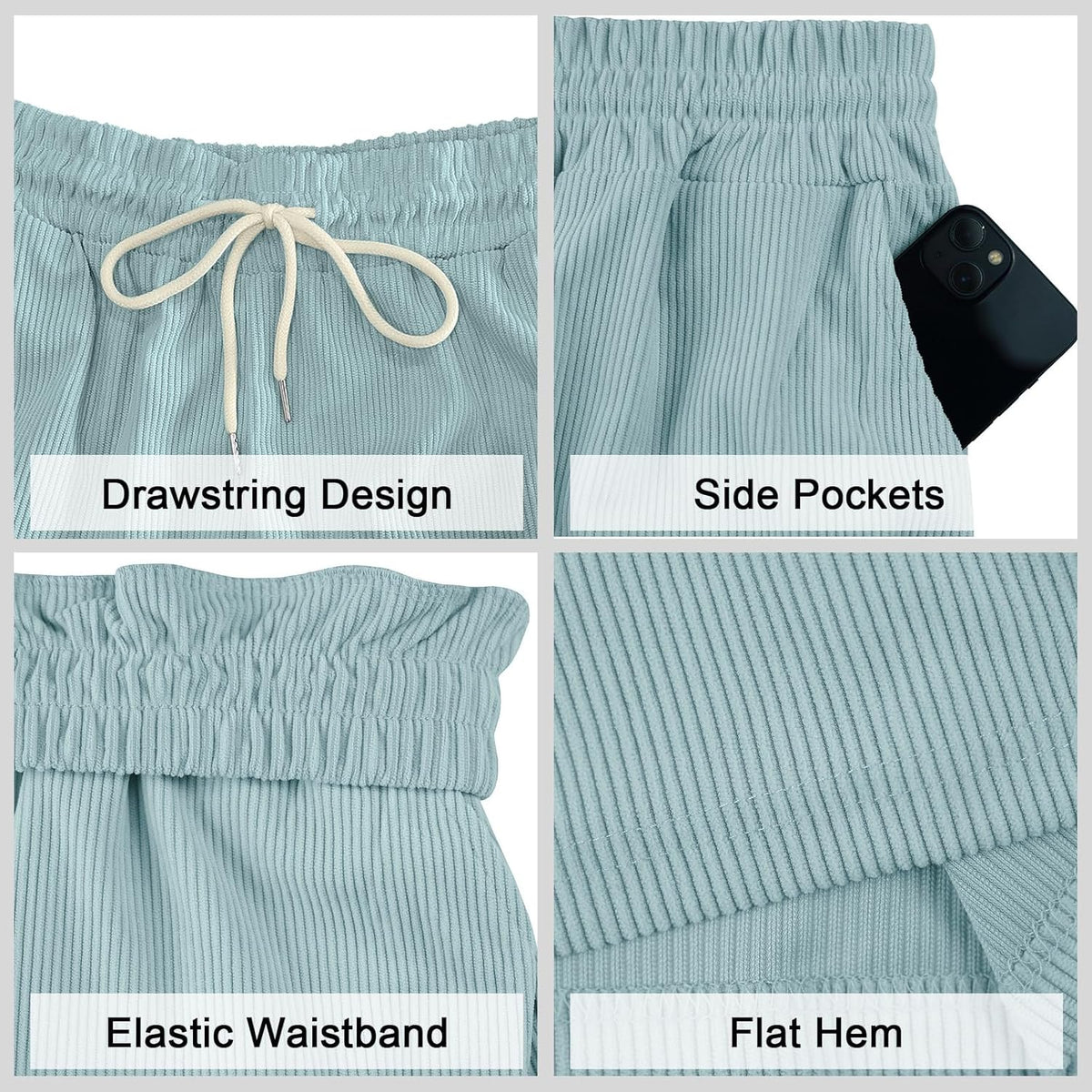 Mens Cargo Shorts Casual Drawstring Elastic Waist Corduroy Summer Beach Shorts with Pockets