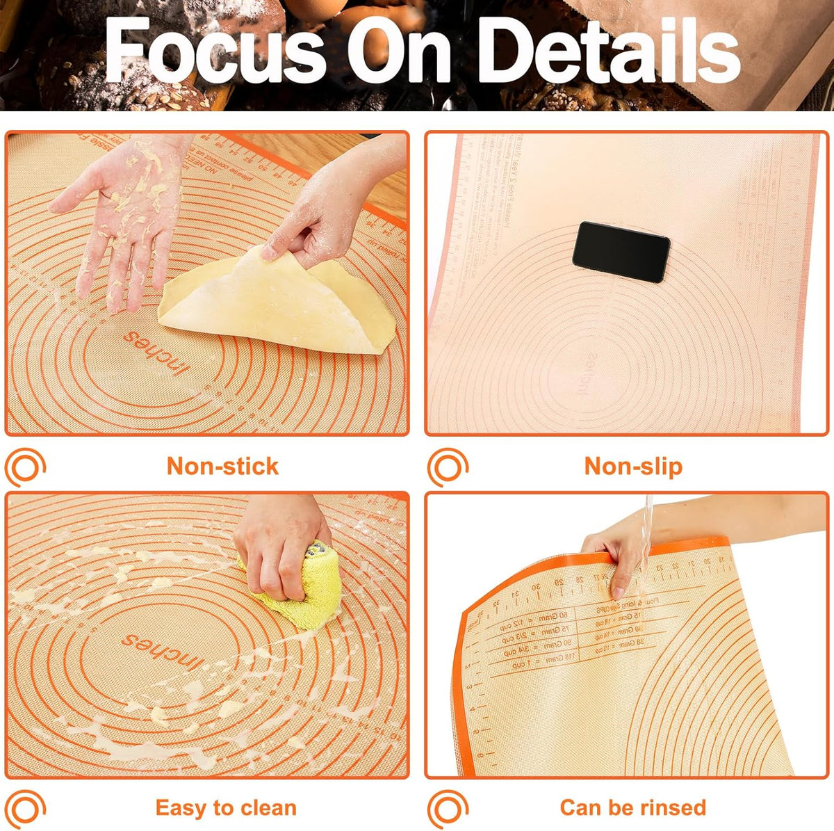 Pastry Mat 36x24 Inch Silicone Baking Mats Perfect for Dough, Pastry, Pie Crust, Fondant, Bread, Cookies, Pasta, Pizza, Kitchen Counter Mat