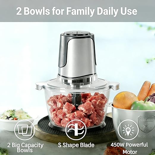 Simple Deluxe Food Processor, 450W Electric Food Chopper with 2 Bowls (8 Cup+8 Cup) & 2 Bi-Level Blades, Small Electric Meat Grinder Processor for Nuts, Fruits, Meat, Vegetable, Baby Food, Silver