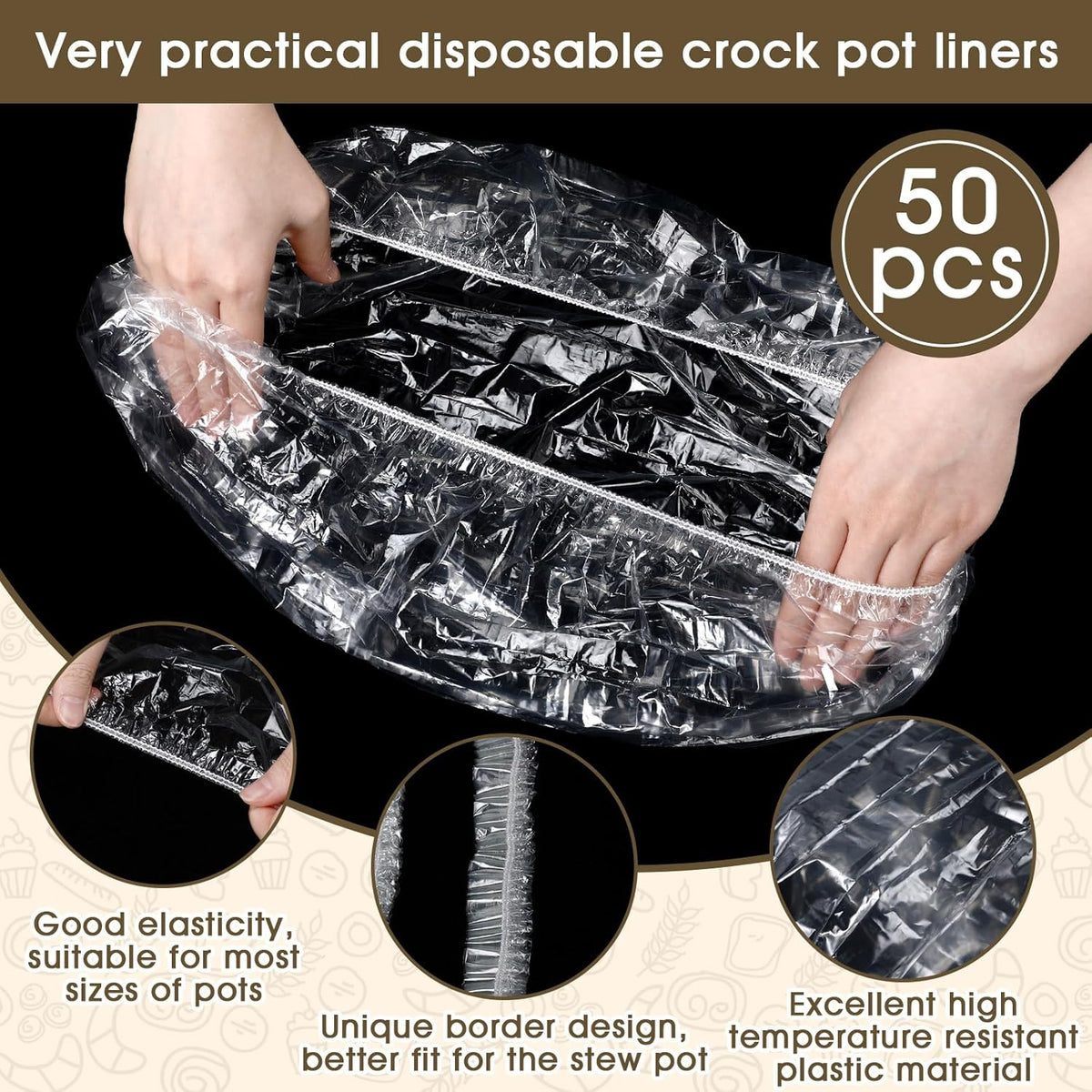 Maxdot 50 Pcs Disposable Slow Cooker Liners with Elastic Band Multi Use Cooking Pot Liners Fit 3 QT to 6.5 QT Large Slow Cooker Cooking Bags Suitable for Oval and Round Pots