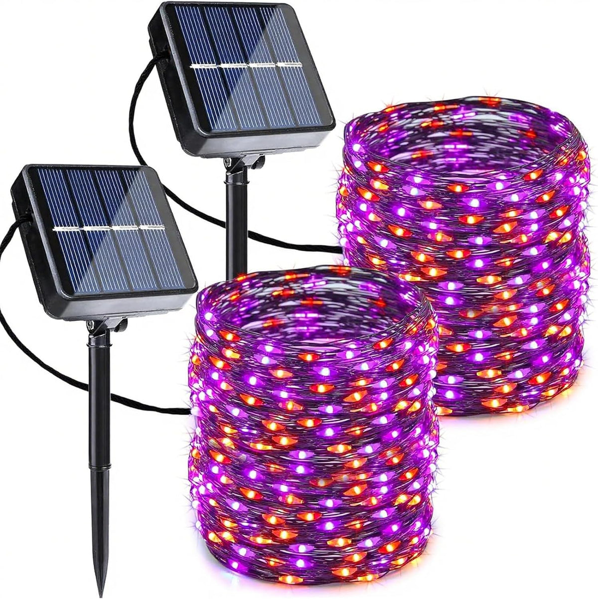 Joomer Orange Purple Halloween Solar String Lights - 2 Pack Total 80FT 240LED Solar Fairy Lights, Waterproof Outdoor Twinkle Lights with 8 Modes for Garden, Porch, Trees, Halloween Decor (Black Wire)