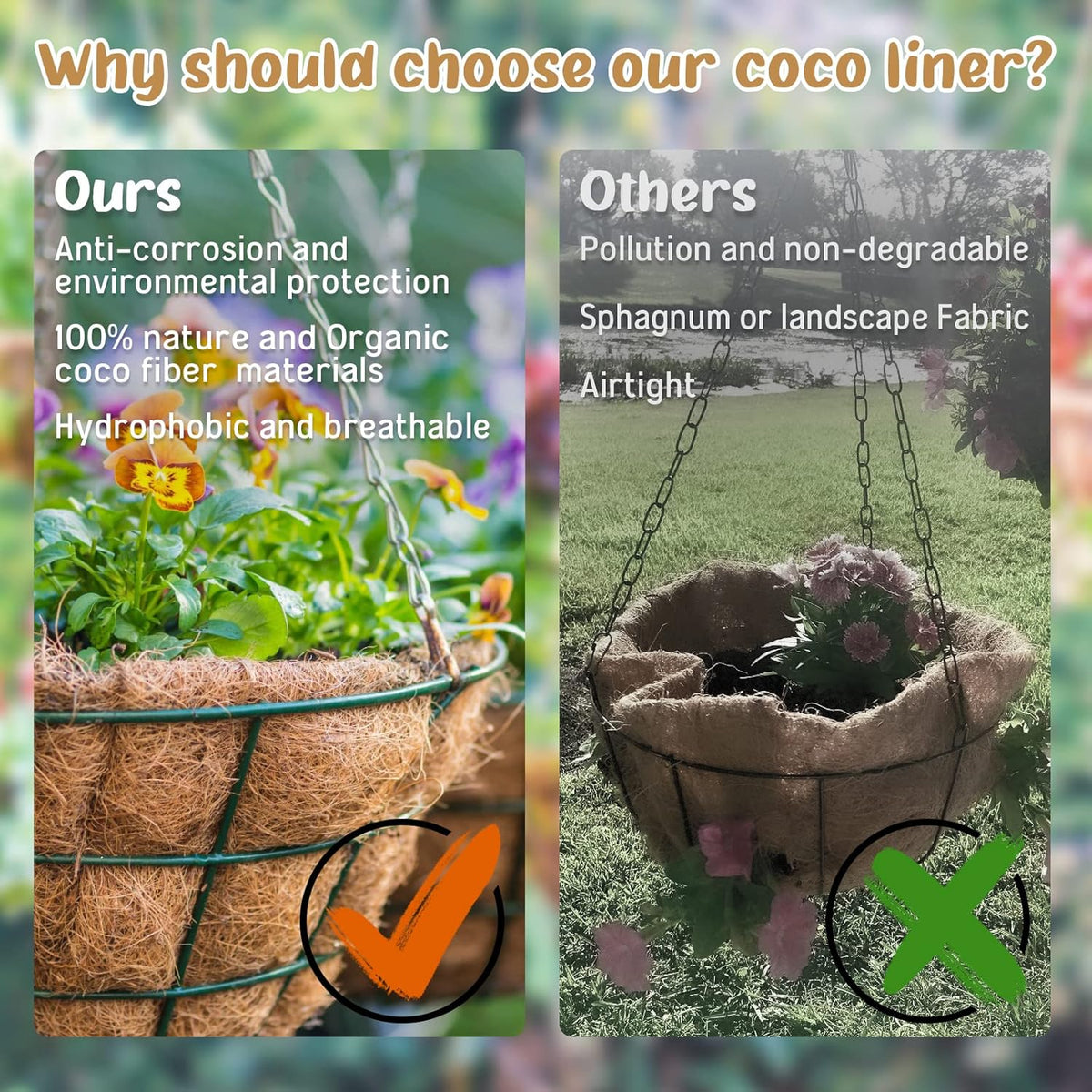 Legigo 3 Pack 18 Inch Hanging Basket Coco Liners Replacement, 100% Natural Round Coconut Coco Fiber Planter Basket Liners for Hanging Basket Flowers/Vegetables