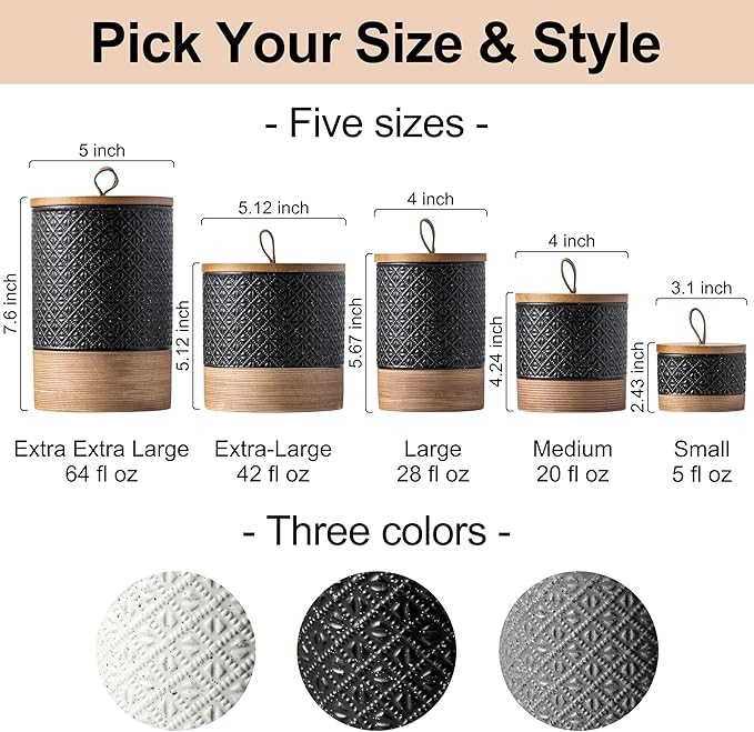 Miamolo Mini Ceramic Jars with Airtight Lid, Coffee Container Canister Kitchen Food Storage Jar with Lid for Spice Sugar Tea Bag, Stackable Decorative Jars for Countertop, Pantry, Black & 5 fl.oz