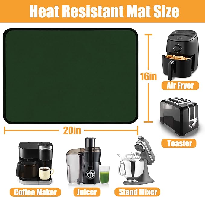 Heat Resistant Mat for Air Fryer,Deep Fryer,Oven,16x20in Hot Pads for Kitchen Counter Heat Protector,Under Coffee Maker Mats for Quartz Countertop Protector,Deep Fryer Coffee Machine Mat (Green)
