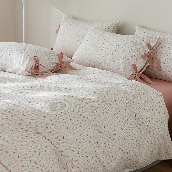 Girls Pink Floral Comforter Set Queen 3 Pieces Floral Cottagecore Bedding Comforter with 2 Bowknot Pillowcases Soft Fluffy Pink Stripes Bedding Set Aesthetic Cute Flowers Comforter Set for Girls Women