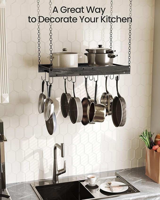 CHOEZON Hanging Pot Rack, Ceiling Mounted Pot Hanger, Vintage Pot Rack for Kitchen, Pot Storage Organizer, with 12 S-Shaped Hooks, for Cookware Storage, Space Saving, Charcoal Black and Black TPR01BC